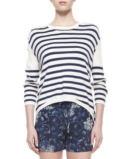 Womens Striped Silk High Low Sweater, Cream/Navy   Pam & Gela   Cream/Navy