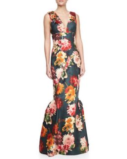 Womens Sleeveless Beaded Floral Print Silk Gown   J. Mendel   Floral (8)