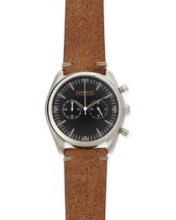 Mens Vintage 42mm Chronograph Watch, Black Dial/Brown Strap   Orefici Watches  