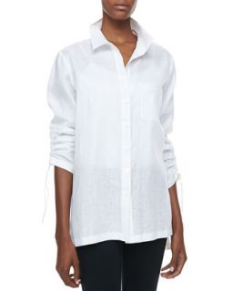 Womens Linen Ruched Sleeve Big Shirt, Petite   Go Silk   Black (PL/12 14)