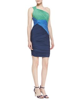 Womens Ruched Colorblock One Shoulder Dress   Halston Heritage   Light loden