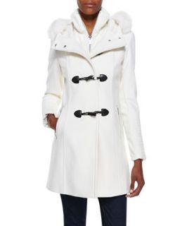 Womens Toggle Coat with Fur Hood   BCBG   White (SMALL)