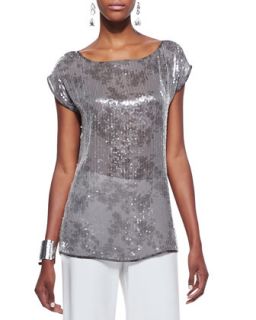 Womens Clear Sequined Short Sleeve Top   Eileen Fisher   Rye (SMALL (6/8))