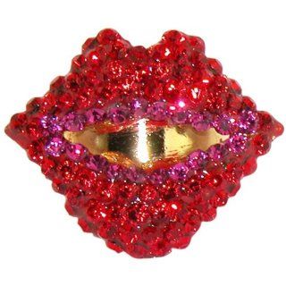 Lips Ring Crystal Rhinestone Pave, Adjustable, in Red with Gold Finish Jewelry