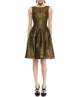 Womens Pleated A Line Brocade Dress   Oscar de la Renta   Gold (2)