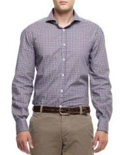 Mens Buttoned Check Shirt, Brown/Navy   Brunello Cucinelli   Brown/Navy (XL)
