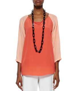 3/4 Sleeve Silk Colorblock Top, Womens   Eileen Fisher   Red lory/ papaya (3X