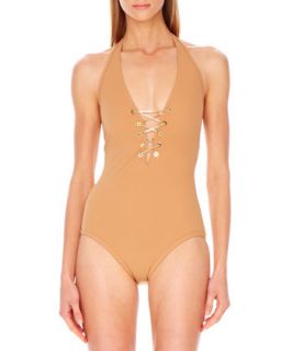 Womens Lace Up Plunge Maillot   Michael Kors   Suntan (10)