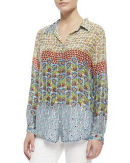 Womens Georgette Button Front Blouse   Johnny Was Collection   Multi print a