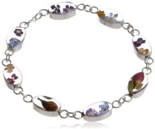 Sterling Silver Pressed Flower Oval Link Bracelet Jewelry