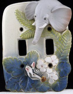 Vintage Takahashi 3D Ceramic Light Double Switch Plate   Elephant / Zebra in Jungle   Childrens Switch Plates