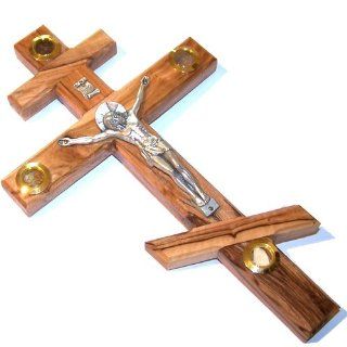 Thick olive wood Russian Orthodox or three bar Eastern Cross / Crucifix   Also known as the Patriarchal Cross   25cm or 10 inches   Collectible Figurines