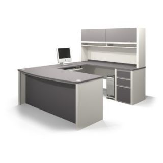 Bestar Connexion U Shaped Workstation with Hutch   Sandstone and Slate   Desks