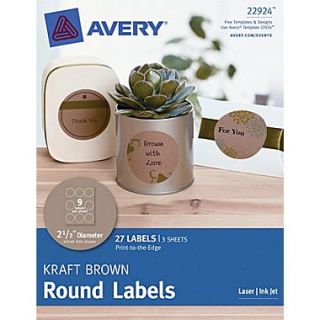 Avery Print to the Edge Kraft Brown Round Labels 22924, 2 1/2 Diameter, Pack of 27