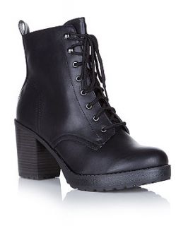 Black Chunky Lace Up Heeled Work Boots