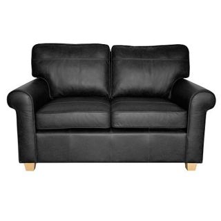 Small black leather Oban sofa with light wood feet
