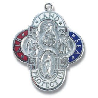 Mens Catholic Necklace, Sterling Silver Medal Epoxy Air, Land, and Sea 4 way with 24" Stainless Steel Chain in Gift Box Military Armed Forces, USA Red White & Blue, the Four Way Medal Most Simply Put, the 4 Way Medal Is a Medal Created Out of a Co