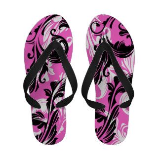 Black and Pink Damask Swirls Elegant Beach Party Flip Flops