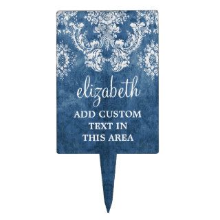 Sapphire Blue Vintage Damask Pattern and Name Cake Toppers