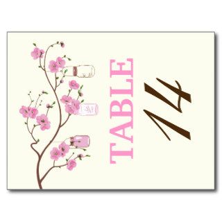 Mason jars & cherry blossoms wedding table number post cards