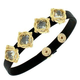 Black Leather Yellow Gold Tone White Crystals CZ Wristband Womens Adjustable Bracelet with Clasp My Daily Styles Jewelry