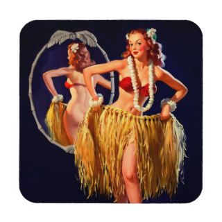 Vintage Gil Elvgren Hula Hawaiian Pin UP Girl Drink Coaster
