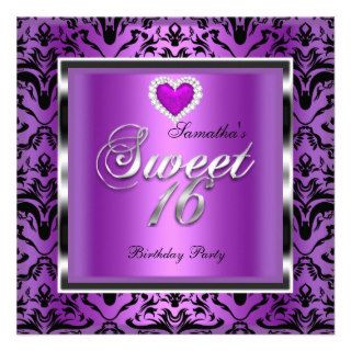 Sweet Sixteen Sweet 16 Party Purple Damask Black Personalized Announcements