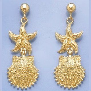 14k Gold Nautical Starfish Sea Star & Scallop Shell Dangle Earrings Jewelry