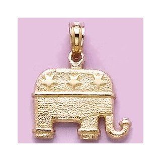 14k Gold Novelty Necklace Charm Pendant, 3d Republican Elephant With Stars Textu Jewelry