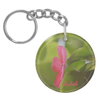 Delicate Pink Flower on Green, Key Chain w/ Name
