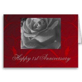 Happy 1st Anniversary, black & white rose on red Greeting Cards