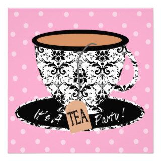 Black Damask with  Pink Tea Cup Tea Party Custom Invite