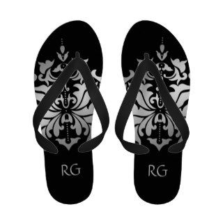 Elegant Black and Grey Damask Monogrammed Sandals