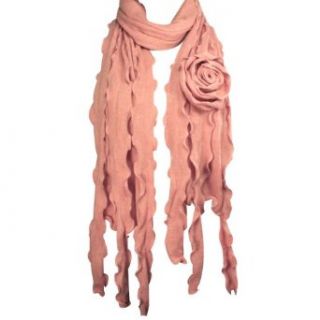 Acrylic Fashion Large Flower Ruffle Knitted Tassel Ends Long Scarf   Pink