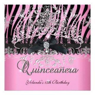 Quinceanera 15th Zebra Pink Glitter Tiara Black Invitation