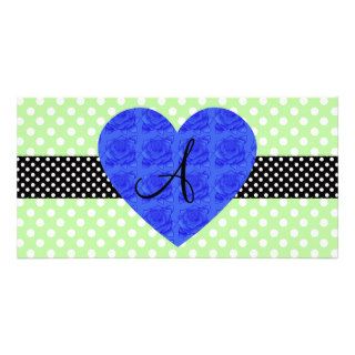 Green polka dots monogram blue roses picture card