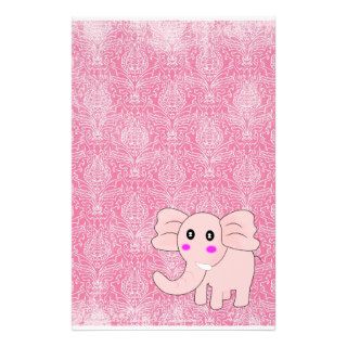 Cartoon Baby Elephant On Pink on Damask Stationery Paper