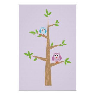 Two owls pink, blue on a tree, purple background print