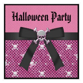 Cute Skulls Pink & Black Halloween Party Invitation