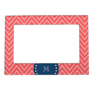Navy Blue, Coral Chevron Pattern  Your Monogram Magnetic Picture Frames