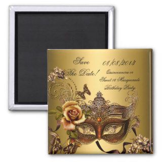 Save The Date Quinceanera Sweet 16 Masquerade Gold Fridge Magnets