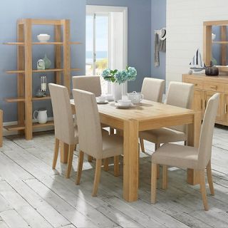Washed oak Lyon extending table and six upholstered chairs