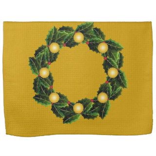 Holly Wreath with Gold Ornaments Hand Towels