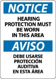 NMC ESN386PB Bilingual OSHA Sign, Legend "NOTICE   HEARING PROTECTION MUST BE WORN IN THIS AREA", 14" Length x 10" Height, Pressure Sensitive Adhesive Vinyl, Black/Blue on White Industrial Warning Signs
