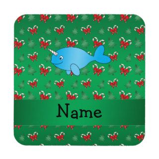 Personalized name narwhal green candy canes bows drink coasters