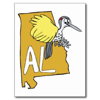 Alabama AL Map & Yellowhammer Woodpecker Cartoon Post Card