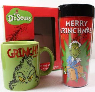 Grinch Ceramic Mug & Plastic Travel Mug Set Coffee Cups Kitchen & Dining
