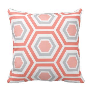Modern Hexagon Pattern Pillow  Coral Pink Gray