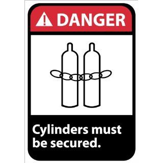 NMC DGA37RB ANSI Sign, Legend "DANGER   Cylinders must be secured." with Graphic, 10" Length x 14" Height, Rigid Plastic, White on Black Industrial Warning Signs