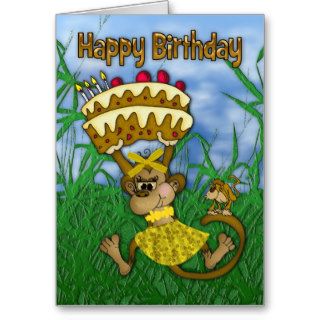 Happy Birthday with monkey holding cake Card